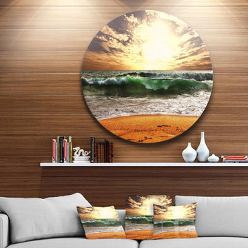 Raging Green Waves At Sunset - Sea & Shore Round Metal Wall Art